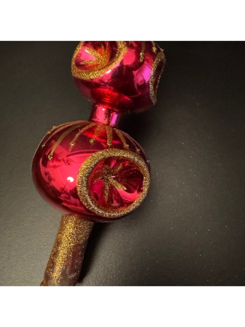 VTG Pink & Gold Glass Christmas Tree Topper Glitter Accents Double Indent Ball - Picture 16 of 16